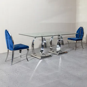 China SS Furniture Manufacture Silver Frame Dining Room Dinner Clear Tempered Glass Dining Tables