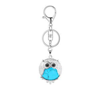 Blue Turquoise 24mm Beads Silver Owl Pendant Keychain Lobster clasp