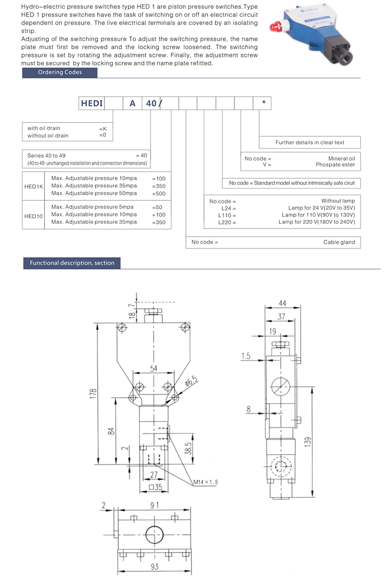 Hydraulic Adjustable Electrical Pressure Switch