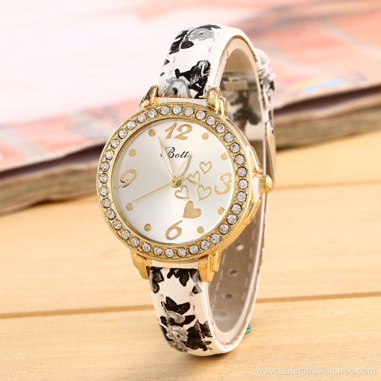 Printing Leather Rhinestone Watch for Women