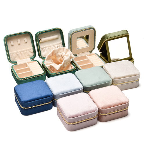Square Vintage Green Velvet Jewelry Box With Mirror