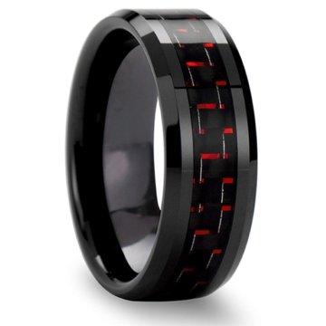 Anillo negro de cerámica de 8 mm al por mayor con incrustación de fibra de carbono azul