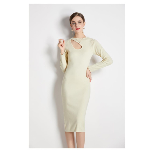 Round Neck Cutout Chest Knitted Dress Women's Cutout Ribbed Long Sleeve Sweater Manufactory