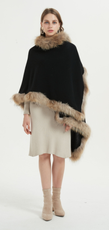 Oversized Pure Cashmere Ladies Poncho With Fur