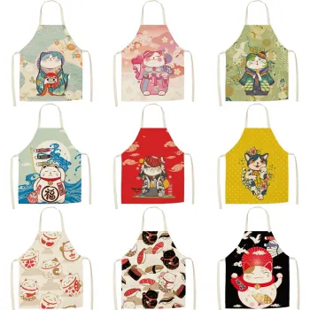 2020 New Cotton and Linen Apron with Customizable Japanese Lucky Cat Design