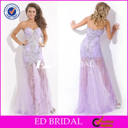YW068 Sexy See Through Skirt Lilac Crystals Beaded Open Back Girl Night Dress