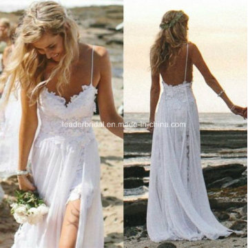 White Lace Applique High Split Chiffon Beach Wedding Dress Yao39