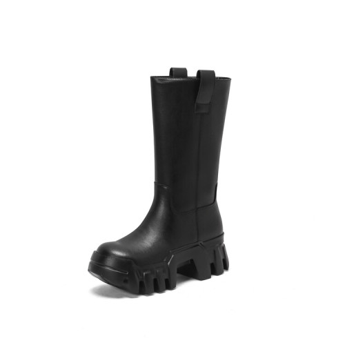 Womens Leather Chunky Platform Mid-Calf Boots