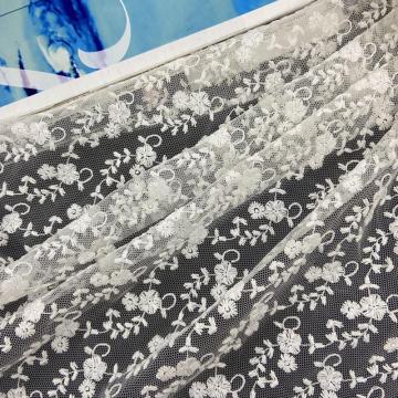 Pastel Flower Embroidery On Poly Mesh Fabric