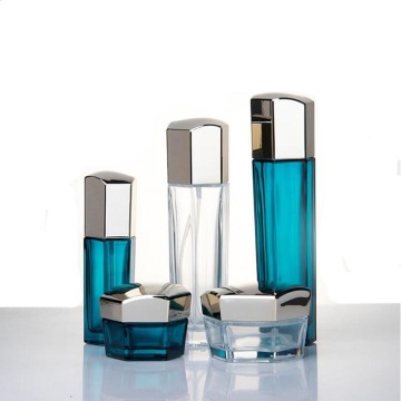 Blue glass hexagon cosmetic containers with silver cap