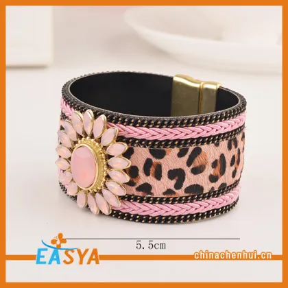 Pink Leopard Wide Leather Bracelet Beautiful Women Wide Leopard Leather Bracelet