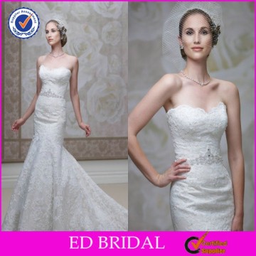 2015 Custom Made High Waist Crystal Belt Sweetheart Mermaid Lace Wedding Apparel