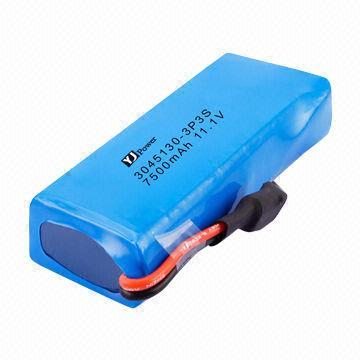 11.1V Li-polymer battery pack, 3045130-3P3S, 7500mAh, 18.5V, with 27 x 45 x 131.5mm Size and 375g