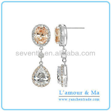 Funky Teardrop Shaped Earring Prong Set White and Orange Color CZ Diamond Rhodium Plated Brass Earring