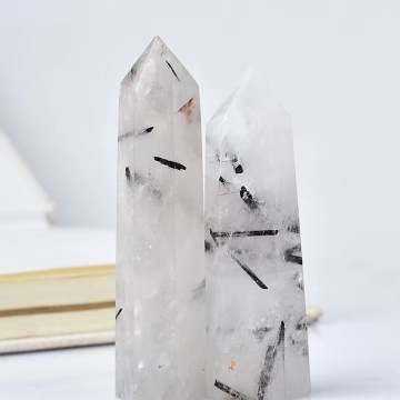 Wholesale Natural Black Tourmaline Rutilated Quartz Wand for Healing and Decoration