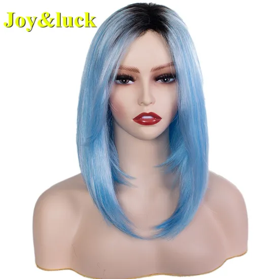 Ladies Wholesale Wig Shoulder Length Dark Root Party Cosplay Black Ombre Blue Natural Straight Short Bob Wig Synthetic Hair Wig