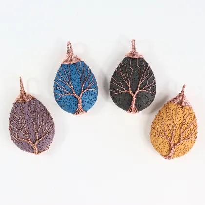 Volcanic Stone Water Drop Copper Plated Tree of Life Pendant - Unisex Jewelry