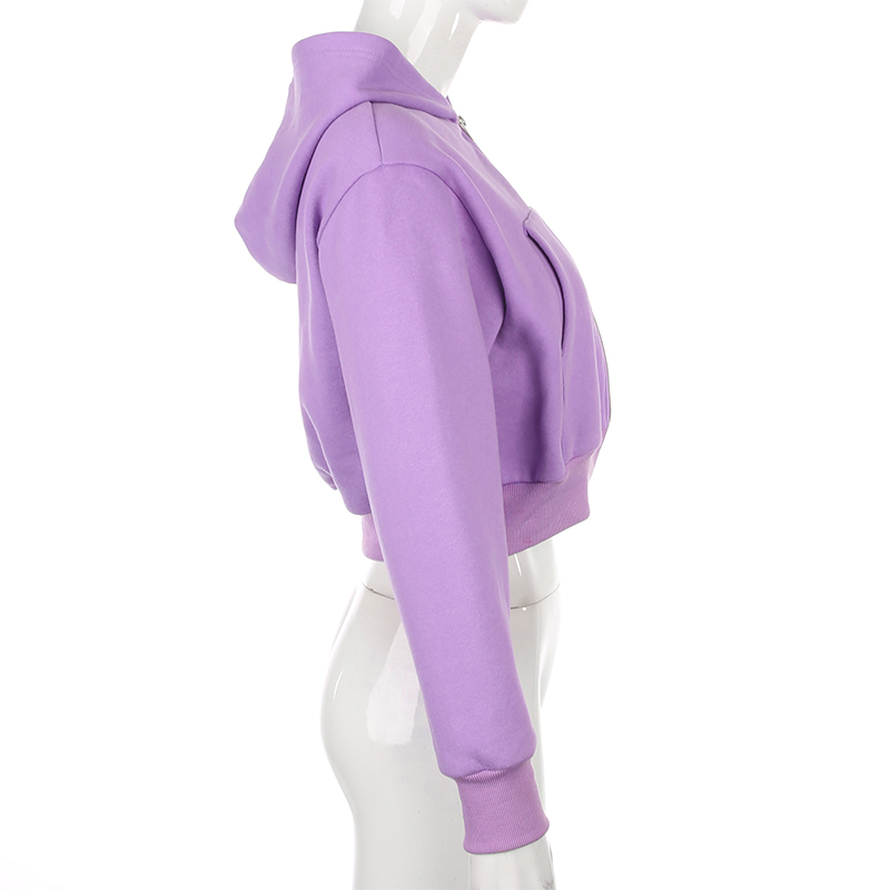 Sweetown 2020 Autumn Zipper Up Pocket Casual Basic Cropped Hoodies For Women Streetwear Long Sleeve Leisure Purple Sweatshirts
