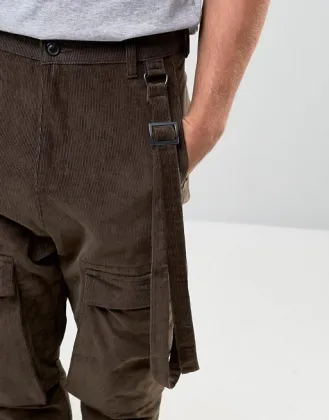 Custom Manufacturer Utility Pockets Strap Drop Crotch 100% Cotton Cord Breathable Functional Brown Men's Cargo Bib Pants