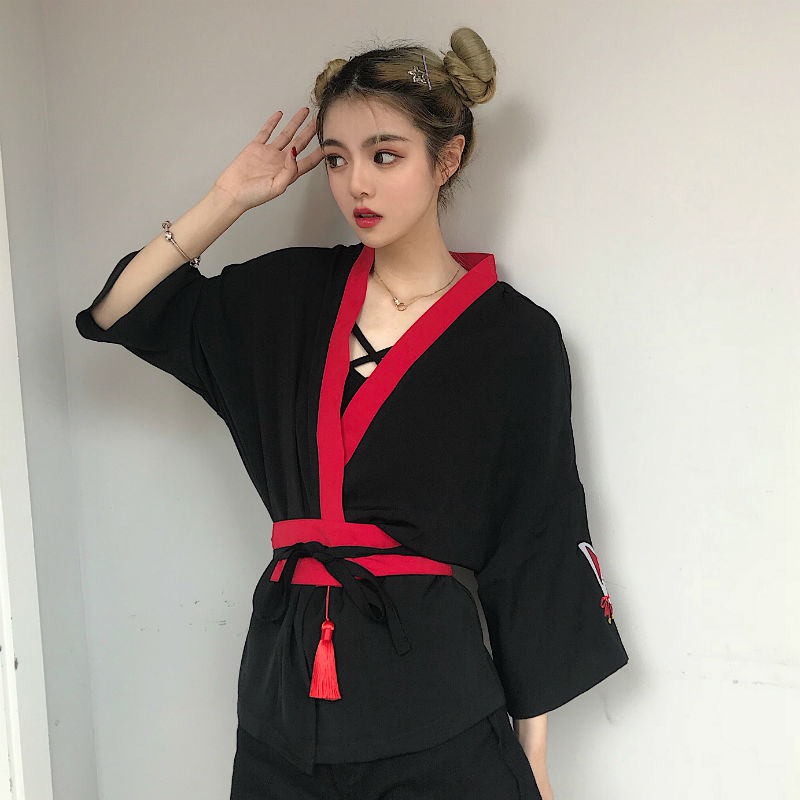 Harajuku Fox Embroidery Kimono Chinese Style Retro Tassels Sunscreen V-Neck Cardigan Loose oat Batwing Sleeved Jacket Tops 2018