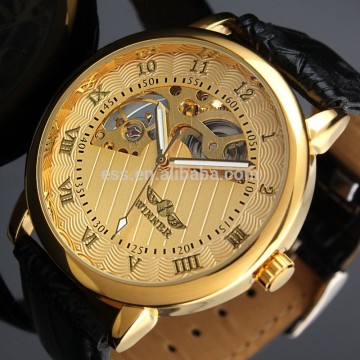 Men's Golden Color Skeleton Dial Watch WM208 Leather and mechanical movement