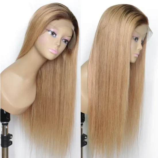 Long Ombre Strawberry Honey Blonde Color Straight Virgin Human Hair Wigs With Brown Root,  Color T4/27 Front Lace Wigs