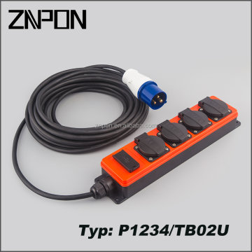 ZNPON P1234/TB02U IP44 4-Way Schuko Extension Socket with CEE Plug and USB