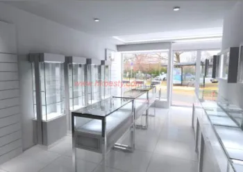 Glossy white wooden jewelry store display showcases design with LED lightings