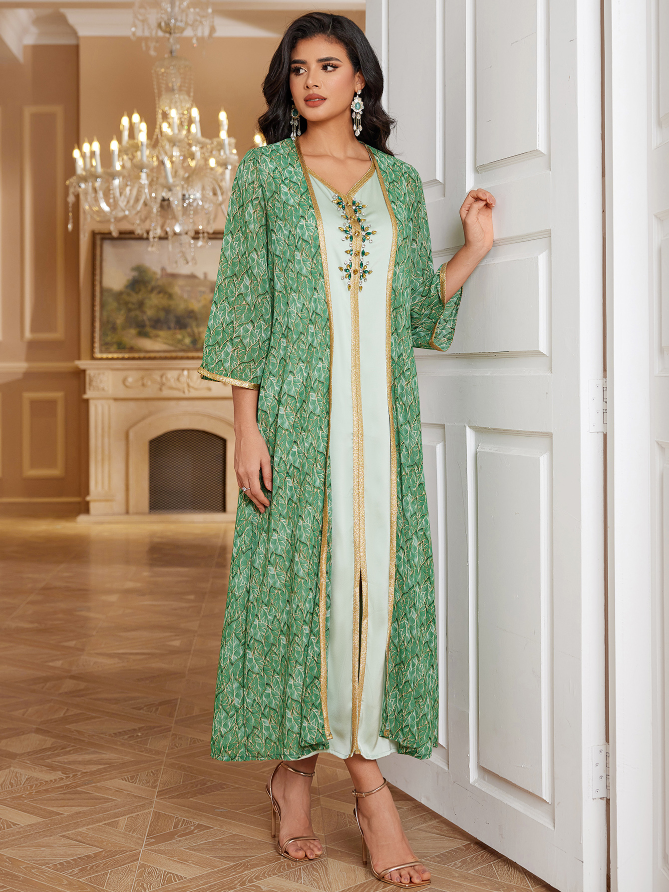 Luxury Green Hand Embellished Two Piece Abaya Set