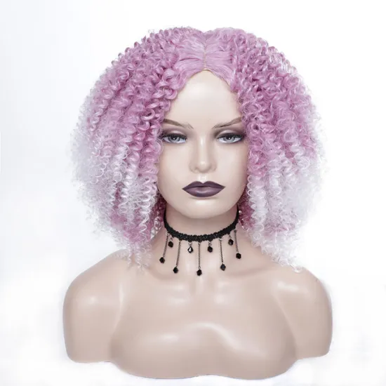 Wholesale heat resistant stort kinky curly ombre pink to white color fibre synthetic hair wigs for women