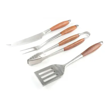 Hot Sale 3 PCS Stainless Steel BBQ Grill Accessories Turner Fork Tongs Barbecue Set with Wood Handle