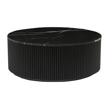New Design: Solid Wood Round Coffee Table with Natural Wooden Base and Black Marble Top