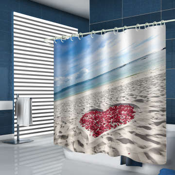 Sea Beach with Rose Love Heart Waterproof Shower Curtain Ocean Romantic Bathroom Decor