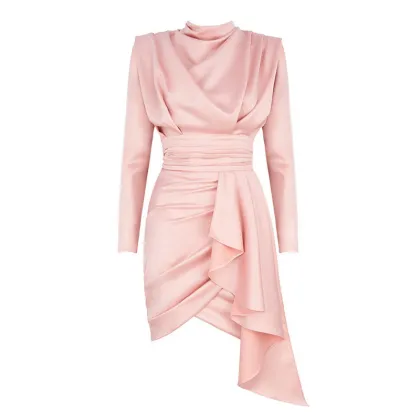 Stand Collar Sashes Long Sleeve Pleated Dress