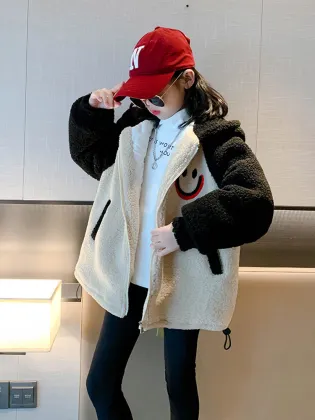 Girls' cotton wool sweater coat Autumn and winter casual thickened hooded jacket