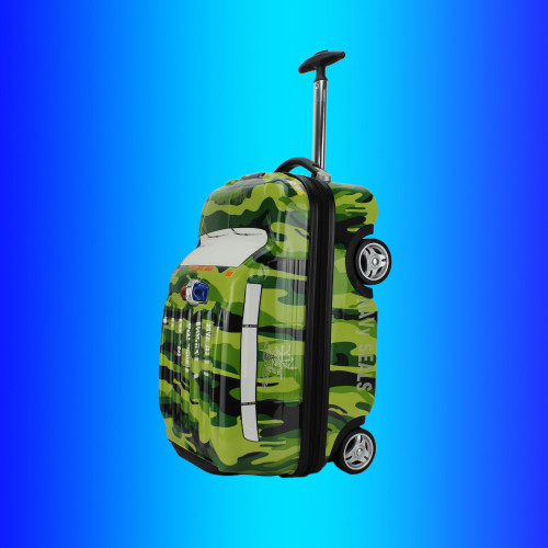 PC ABS case children travel luggage trolley bag, kids wheeled rolling suitcase of camouflage camo police patrol car wagon shape