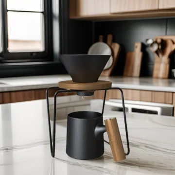 DHPO Portable Ceramic Coffee Mug with Wood Handle and Ceramic Pour Over Coffee Dripper Gift Set