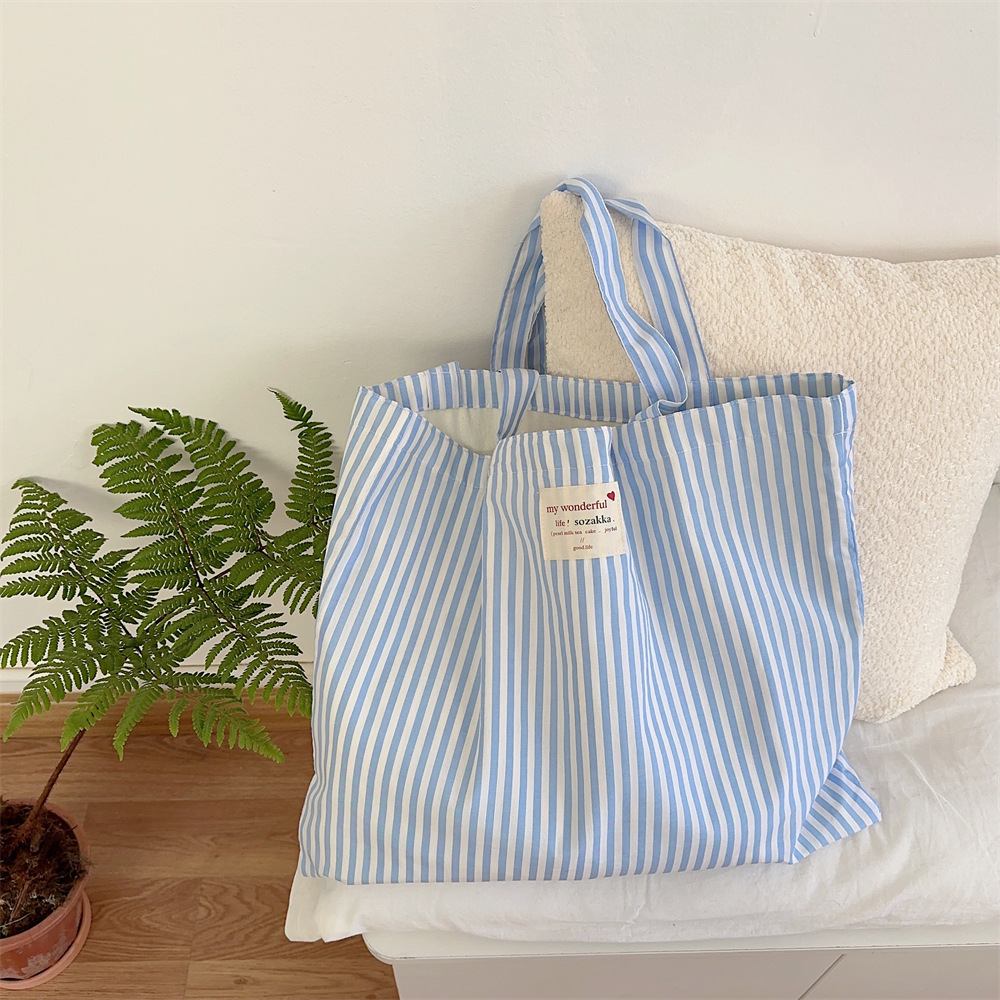 Reusable Portable Large Custom Blue Striped Canvas Bag