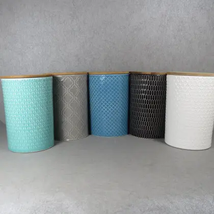 Embossed Ceramic Storage Jar With Bamboo Lid