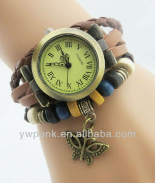 W051 adjustable blud wood beads butterfly charms bracelet watch bracelet leather bracelet watch