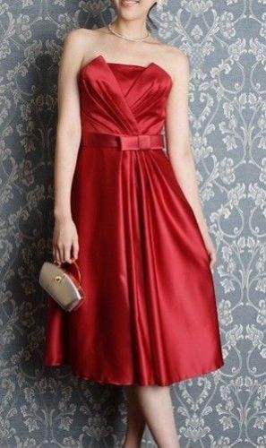 Strapless Satin Sleeveless Red Midi Evening Dresses For Women Wedding