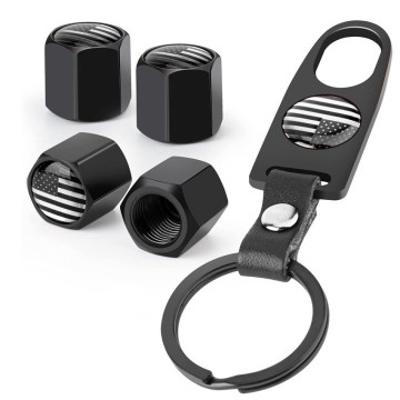 Customizable Black Tire Valve Stem Caps with Keychain, Keyring, Wrench Spanner, and O-Ring Rubber Seal