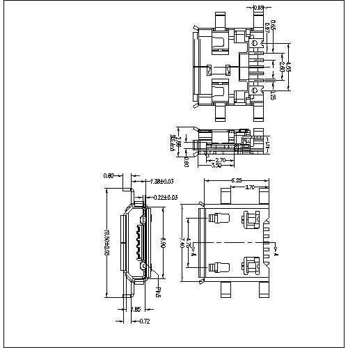 MUFM06 6-Micro USB 5P Receptacle B TYPE SMT Drop-in(Shell Dip) 