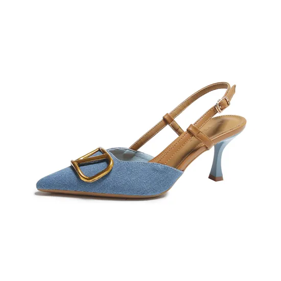 Women's 2024 Summer Closed-Toe Hollow-Out Denim High Heels: Retro Style Sandals