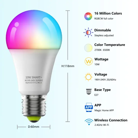 Smart RGB LED Bulb with Wi-Fi, Voice Control, and App Compatibility - 4 Pack - Ideal for Bedroom Lighting
