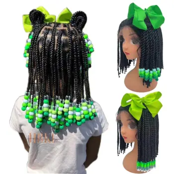 Customizable Kids Braided Ponytail with Beads and Bow: 6-inch Vivian Hair Style