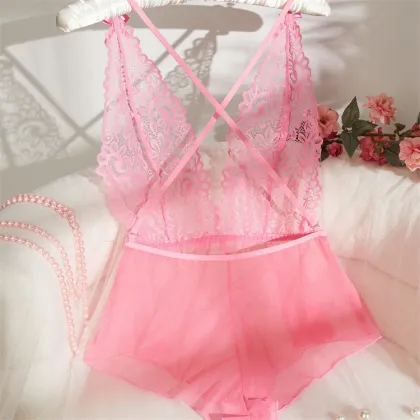 New Pink Tender Girl Sexy V-Neck Beautiful Back Mesh One-Piece Lingerie