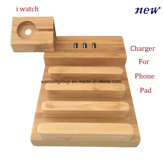 Bamboo Wood Charge Station for Apple Watch I Watch Iwatch Stand Holder with 3 USB Charger Port