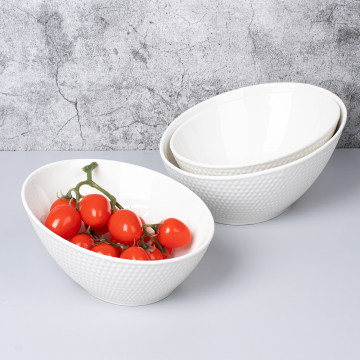 Wholesale Unique Ceramic Salad Slant Bowl with Embossed White Porcelain Fruit Salad Bowls for Catering