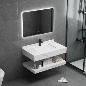Modern Sintered Stone Rectangle Mirror Cabinet with Marble Lighting for Bathroom Vanity